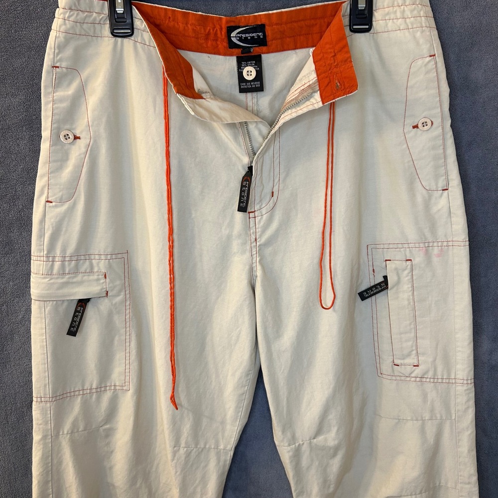 Y2K Baggy Rave Cargo Pants President Stone Made in Japan Beige Orange Stitching